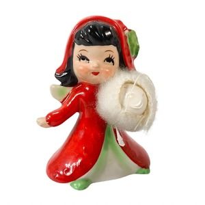 Vintage Lefton Japan Ceramic Christmas Angel 3" Figurine Fuzzy Hand Muff 1950s
